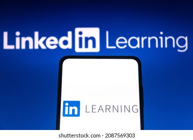 December 9, 2021, Brazil. In This Photo Illustration The LinkedIn Learning Logo Seen Displayed On A Smartphone And On The Background