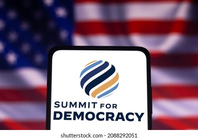 December 9, 2021, Brazil. In This Photo Illustration The Summit For Democracy Logo Seen Displayed On A Smartphone. Is A Virtual Summit To Be Hosted By The United States
