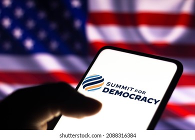 December 9, 2021, Brazil. In This Photo Illustration The Summit For Democracy Logo Seen Displayed On A Smartphone. Is A Virtual Summit To Be Hosted By The United States