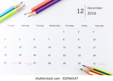 December Calendar 2016 With Pencils