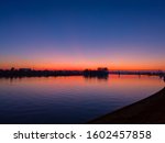 December twilight on the river Sava in Slavonski Brod, Croatia. - Image