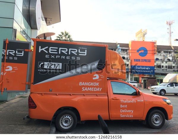 December21,2018:Kerry Express container car\
carry product delivery to customer at Muang Thong Thani, Sukhothai\
Thammathirat Open University. Kerry Express is one of famous\
logistic system in\
Thailand