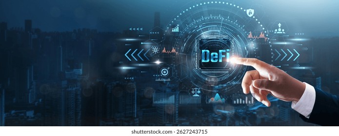 Decentralized Finance (DeFi): Businessman’s hand touching futuristic technological interface, blockchain technology, smart contracts, financial freedom, and business innovation in technology concept. - Powered by Shutterstock - Get 15% off with code: PIKWIZARD15
