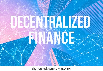 Decentralized Finance Defi theme with abstract network patterns and skyscrapers