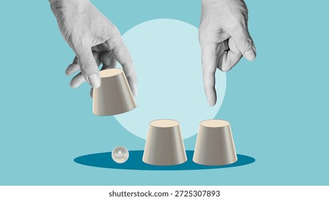 Deception and Manipulation Concept - Hands Playing Shell Game with Hidden Ball, Business Fraud, Misdirection, False Choice and Information Asymmetry Metaphor