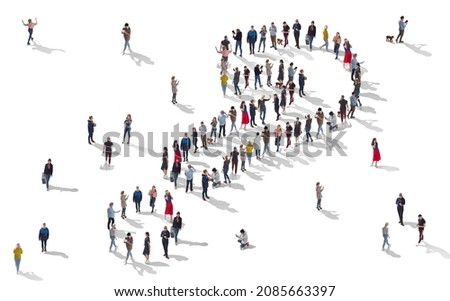 Decide who you are in modern world. Aerial view of crowd of people standing in shape of pointing arrow isolated on white background. Concept of society, community, choice, rights and equality.