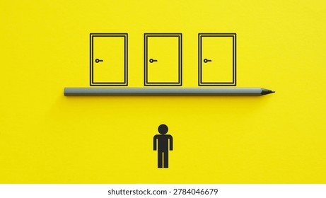Decision making and choice concept with multiple doors, opportunity selection, uncertainty, problem solving and personal direction metaphor on minimal yellow background