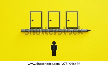 Decision making and choice concept with multiple doors, opportunity selection, uncertainty, problem solving and personal direction metaphor on minimal yellow background