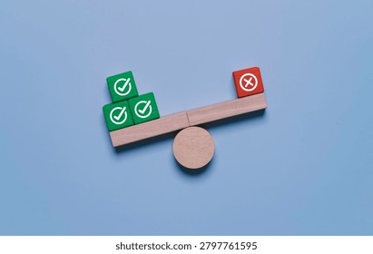 Decision making and evaluation concept with approved and rejected options balanced on a scale. Symbolize assessment, quality control, risk analysis, compliance review, business judgment and selection.