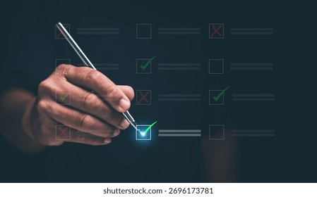 Decision making and task management concept. Hand holding stylus to check digital boxes with green and red marks. Representing planning, evaluation, progress tracking and successful completion.