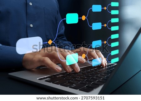 Decision tree analysis. Decision support for risk management. Businessperson using laptop computer to analyze strategy.