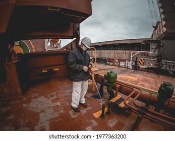 Deck Cadet Sounding Ballast Tank On Bulk Carrier With Mask