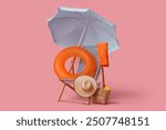 Deck chair, beach umbrella, hat, wicker bag, towel and inflatable ring on pink background