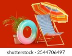 Deck chair, beach umbrella, inflatable ring and exotic plant on red background