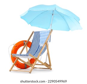 Deck chair, blue beach umbrella and ring buoy isolated on white background