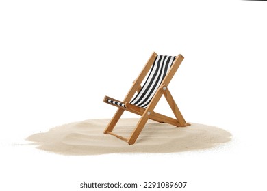 Deck chair on sand isolated on white background