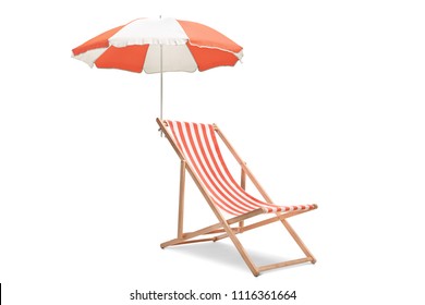Deck chair with an umbrella isolated on white background
