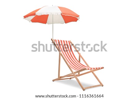Deck chair with an umbrella isolated on white background