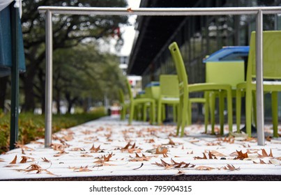 Deck Chairs With Leaves And Snow In Rare Winter Storm In Houston, Texas