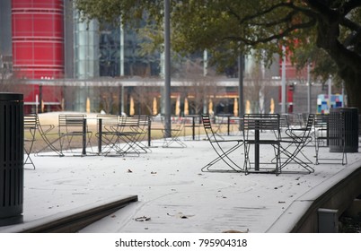 Deck Chairs With Leaves And Snow In Rare Winter Storm In Houston, Texas