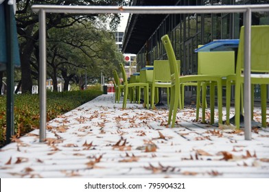 Deck Chairs With Leaves And Snow In Rare Winter Storm In Houston, Texas