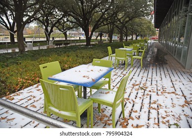 Deck Chairs With Leaves And Snow In Rare Winter Storm In Houston, Texas