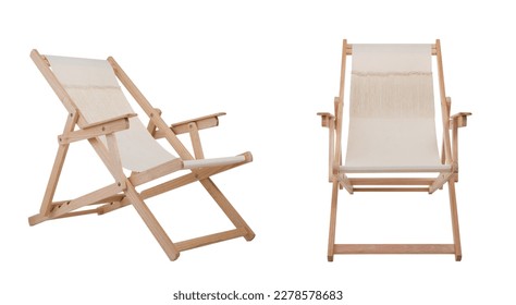 deck chairs in wood and fabric front and side view. isolated white background