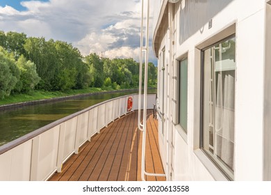 Deck of motor ship in summer ship circle relaxing, holiday beautiful upper boat, lifestyle people. shipboard carnival, tourists seascape cruise liner lifeboat lower deck drone concept of rest and trav