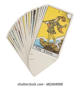 Deck Of Tarot Cards On White Background ; THE FOOL.