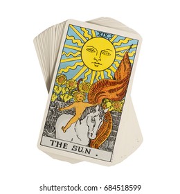 Deck Of Tarot Cards On White Background ; THE SUN.