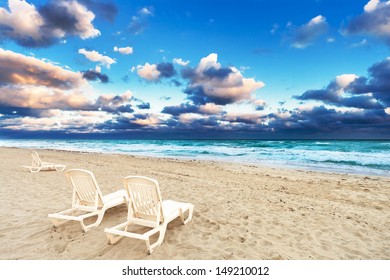 Deckchairs On Beach On Background Ocean Stock Photo 149210012