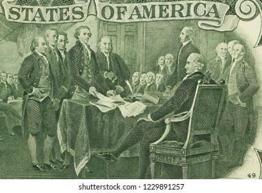 Declaration of Independence  engraving on two dollar  closeup