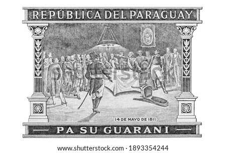 Declaration of Independence on the 14th of May 1811. Portrait from Paraguay 10000 Guaranies 2004 Banknotes.