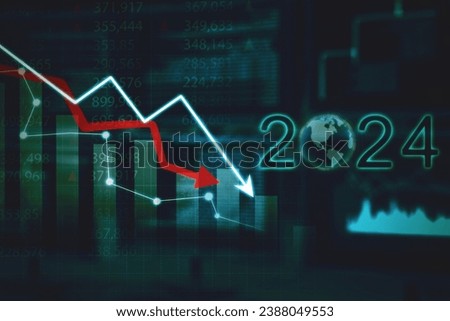 Declining finance arrow with 2024 number and globe in the virtual screen background