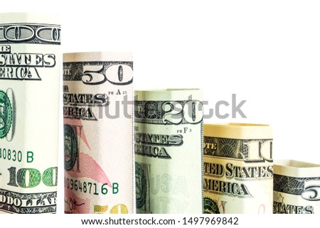 declining steps made of blocks of all american dollar denomination banknotes in one row on white background, weak dollar concept