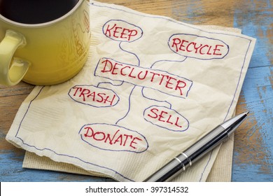 Declutter Concept (keep, Recycle, Trash, Sell, Donate - Handwriting On Napkin With A Cup Of Coffee