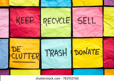 Declutter Concept (keep, Recycle, Trash, Sell, Donate - Handwriting On Color Sticky Notes