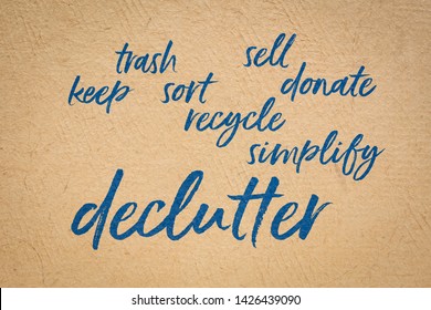 Declutter And Simplify  Word Cloud - Handwriting On A Handmade Bark Paper
