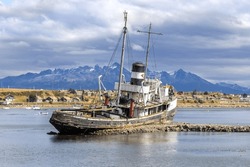 Decommissioned Saint Christopher Old Ship In Ushuaia City Harbour. Shipwrecks Monument Beagle Channel, Tierra Del Fuego Southern Patagonia Argentina