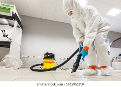 Decontamination of a room after an incident. Practical exercises during a training session on asbestos risk prevention, sample preparation room of an asbestos laboratory