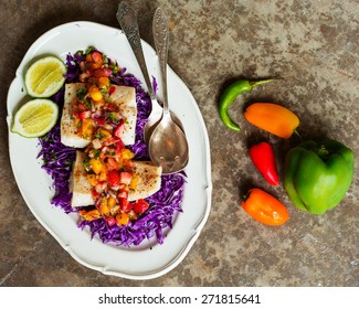 Decontructed Fish Tacos On A Bed Of Cabbage