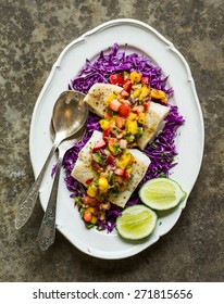 Decontructed Fish Tacos On A Bed Of Cabbage