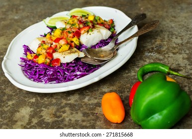 Decontructed Fish Tacos On A Bed Of Cabbage