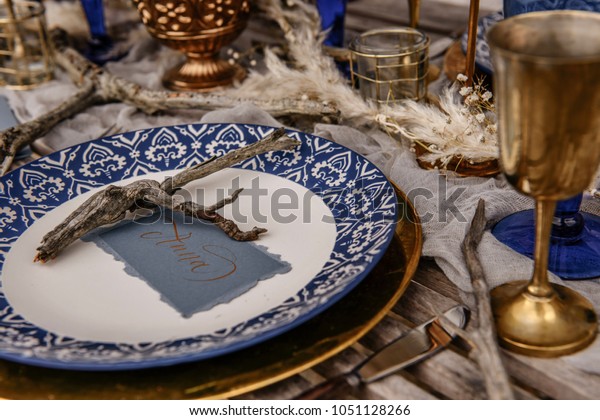 Decor Blue Gold Wedding Dinner Stock Photo Edit Now 1051128266