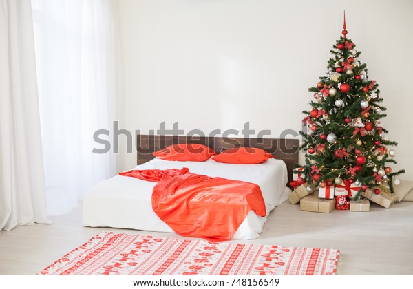 Decor White Bedroom Christmas Tree Christmas Stock Photo