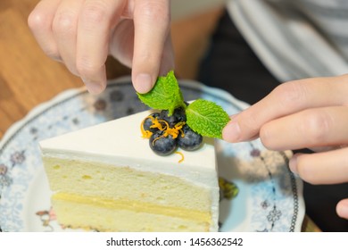 Decorate Blueberry On Top Of Yuzu Cake