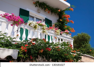 Decorated balcony, mediterranean climate flora and architecture