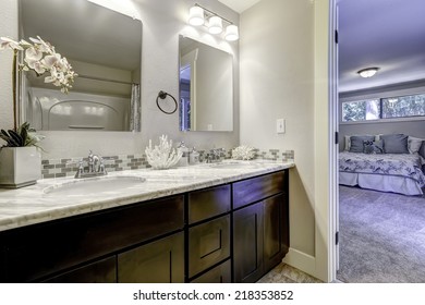 Decorated Bathroom Vanity Cabinet With Mirrors In Master Bedroom