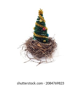 Decorated Bottle Brush Christmas Tree In A Bird's Nest On White