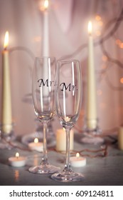Decorated Champagne Glasses For Gay Wedding On Table